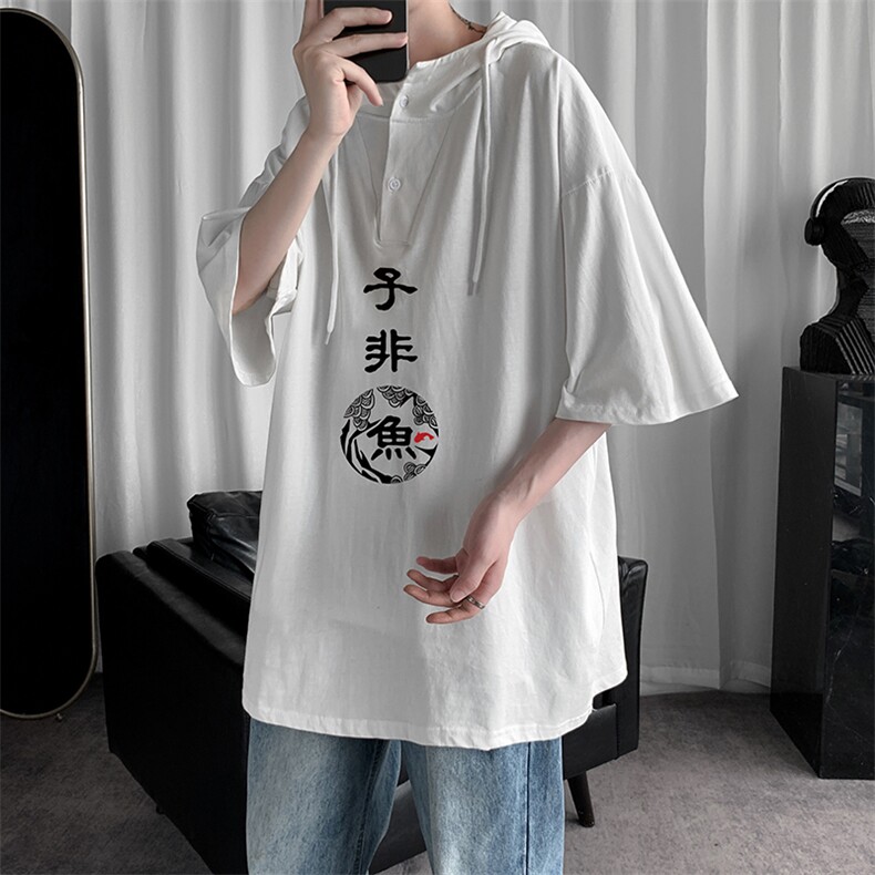 LD54070-P45连帽短袖t恤男大码胖子带帽五分袖中袖,男装T恤,电商A040