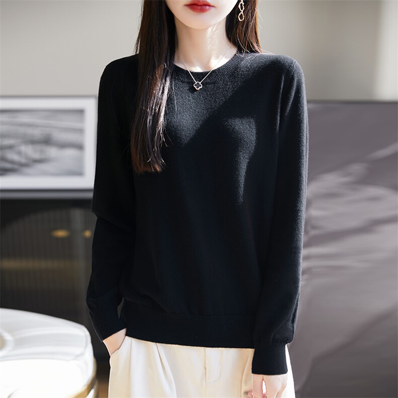 精纺丝光2025早春新款圆领纯羊毛衫亲肤毛衣女薄针织小衫秋冬上衣,女装羊毛衫,朝思羊绒
