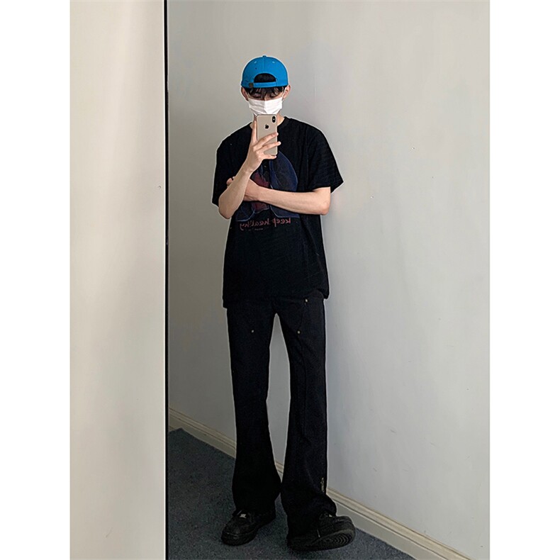 侧边拉链牛仔裤男款春秋季设计感潮牌铆钉伐木工装裤休闲大码裤子,男装牛仔裤,电商B221