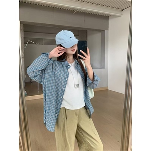 蓝色格子衬衫上衣女2025新款夏季薄款慵懒风休闲宽松图片