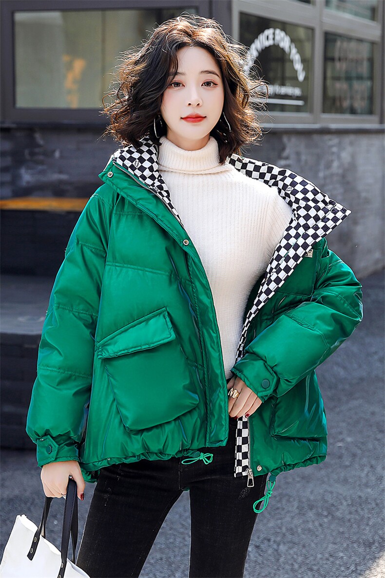 亮面短款羽绒服女2022新款加厚小个子棋盘格撞色洋气90白鸭绒外套,女装羽绒服,一安秀