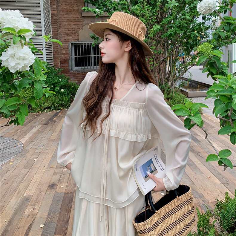 超仙时尚雪纺套装女2026春夏新款半透减龄长袖防晒阔腿裙裤两件套,女装套装/套裙,水衣源