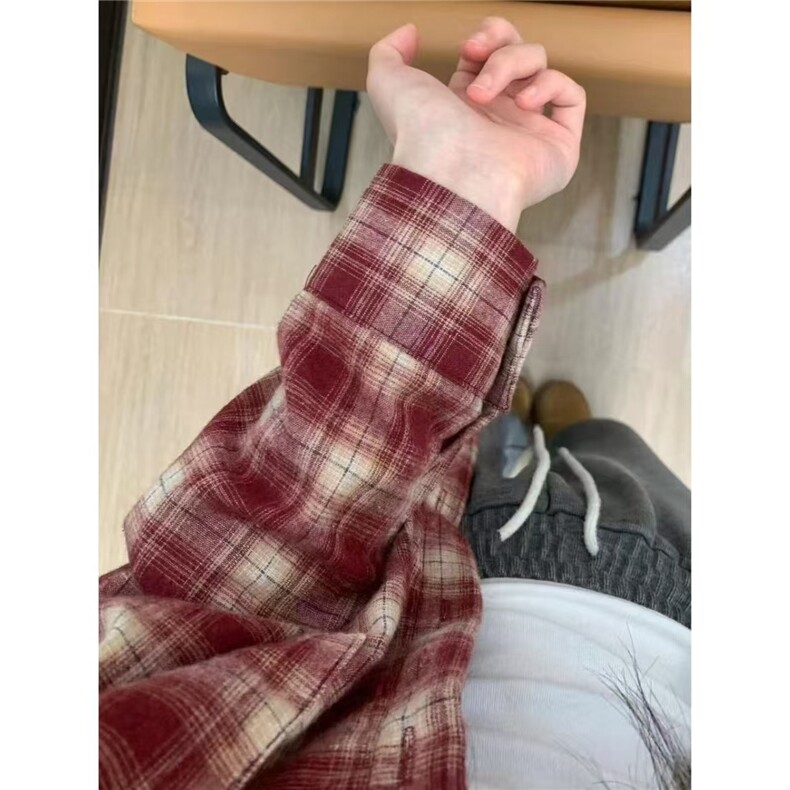 慵懒温柔风长袖polo红色格子衬衫女叠穿宽松遮肉显瘦衬衣外穿上衣,男装衬衫,星座1210-1