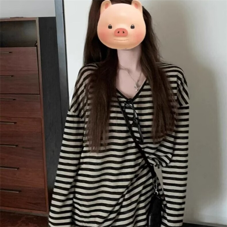 美式复古撞色条纹防晒罩衫t恤女宽松休闲慵懒松弛感上衣薄款图片