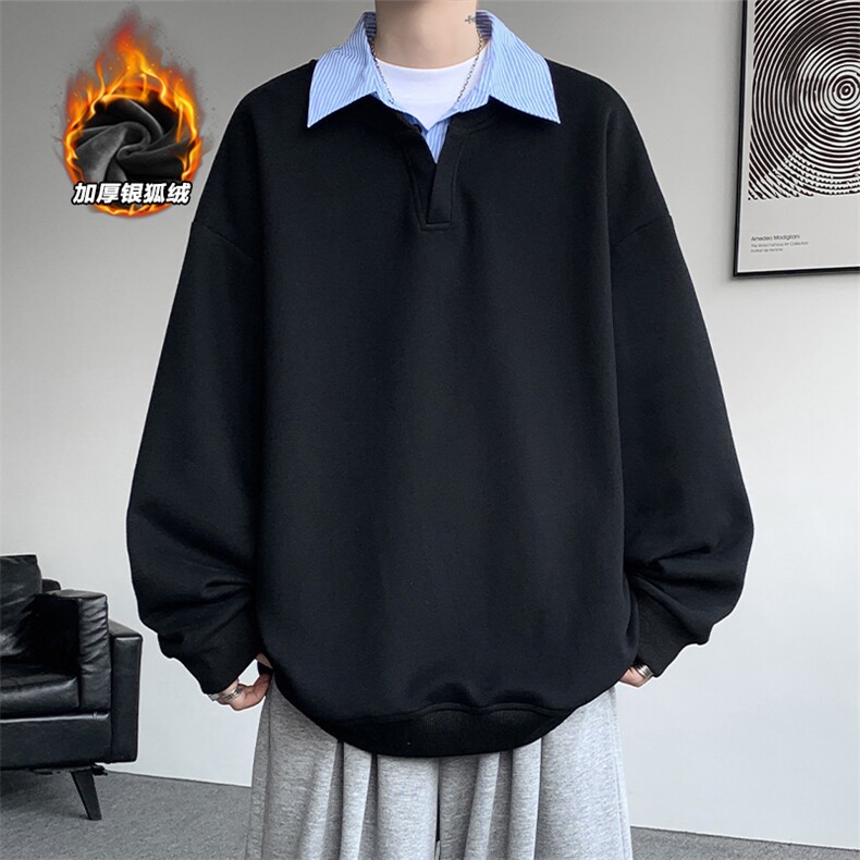 重磅华棉380g假两件Polo领保暖银狐绒男卫衣W5432J加绒-特P45控88,男装棉衣,电商A001-1