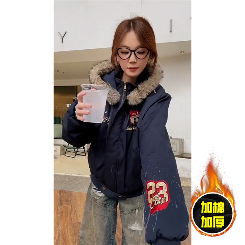 现货高品质美式高街重磅刺绣座山雕大毛毛领棉衣男女加厚棉服外套，男装棉衣，电商A486-1