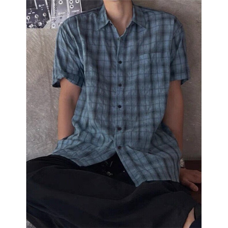 松弛感格子短袖衬衫男女夏季宽松速干翻领半袖衬衣外套CS370，男装衬衫，星座1116A（原606A-3）