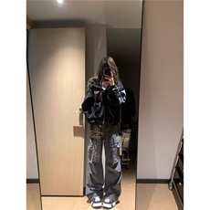 美式大口袋宽松直筒工装裤男女复古阔腿慵懒松弛感裤子LA5222-P54，男装工装外套，星座1008