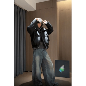 现货5W件冬季三防重磅硬挺boxy短款羽绒立领PU皮棉衣外套加厚棉服图片