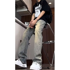F343烟灰色美式复古高街微喇牛仔裤男百搭宽松休闲垂感直筒长裤，男装牛仔裤，星座308A-1（原309B-1）