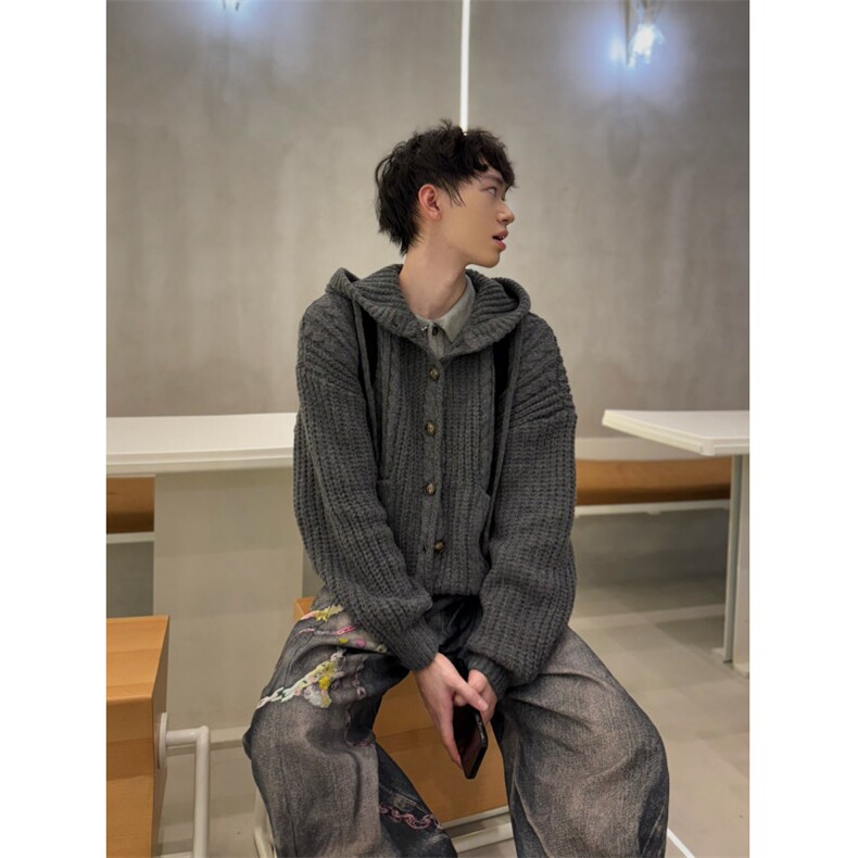 C316MY8004P88秋冬新款毛衣粗针开衫连帽深灰色浅蓝色毛衣,男装针织衫/毛衣,电商C316
