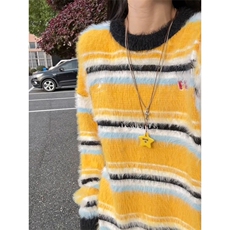 美式撞色条纹设计感针织衫毛衣男女慵懒水貂毛外套LMY4377-P55，男装针织衫/毛衣，星座1008