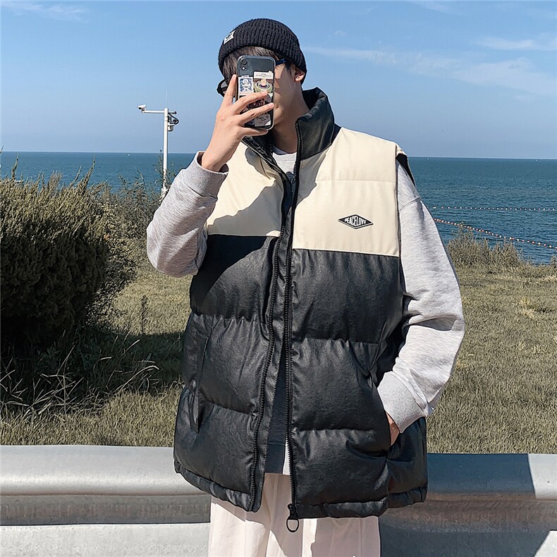 2026秋冬装羽绒棉马甲男加厚拼色立领PU皮坎肩MJ17588/P85杏色5，女装马甲，电商A094