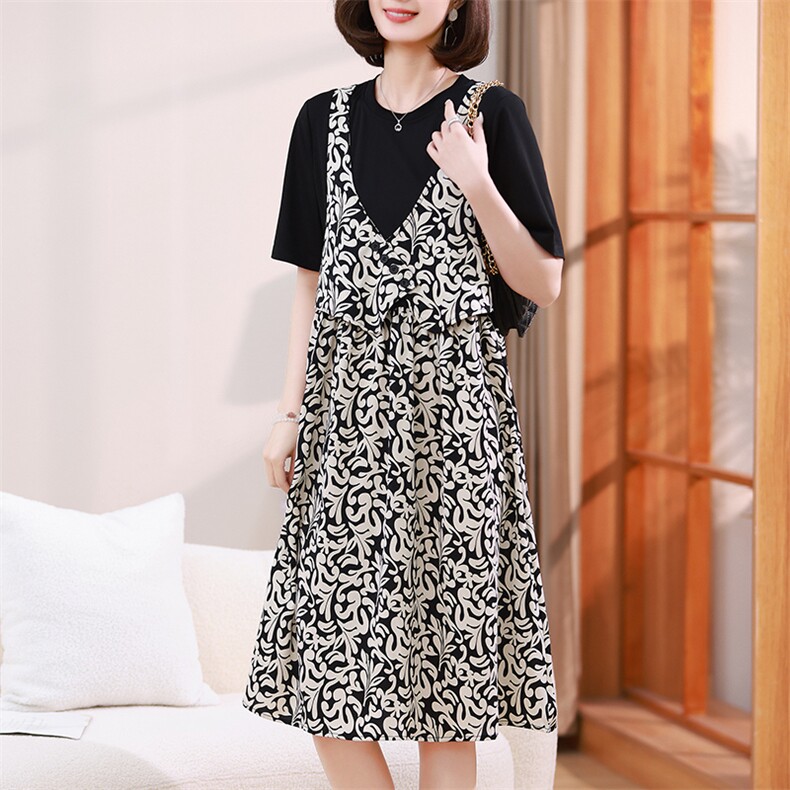 时尚印花假两件宽松连衣裙显瘦遮肉大码女装，女装连衣裙，梦芯尔