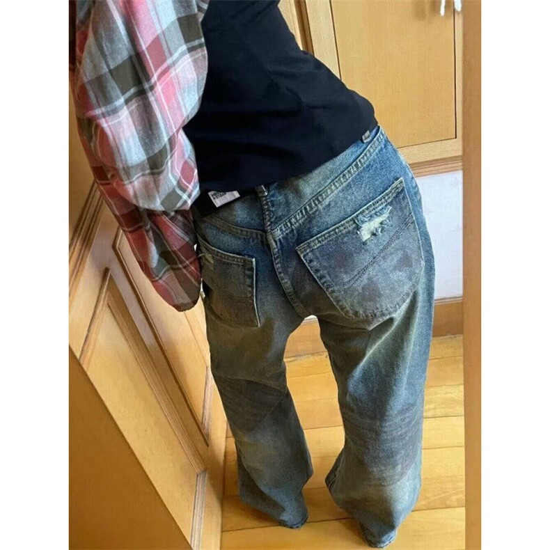 高街美式复古水洗做旧脏染破洞牛仔裤男宽松直筒设计感废土风裤子,男装牛仔裤,星座601-1