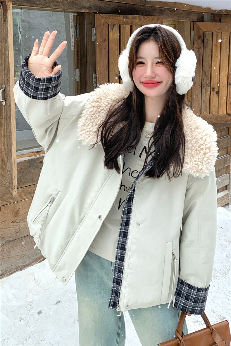 巨好看格纹拼接羊羔毛派克服女2025冬季新款韩系加绒加厚棉衣外套,女装棉衣/棉服,2C306