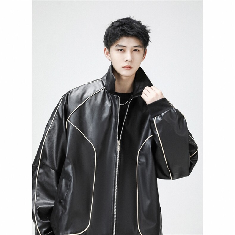 机车皮衣男士外套春秋季潮牌赛车服美式秋冬皮夹克JK081-P80图片