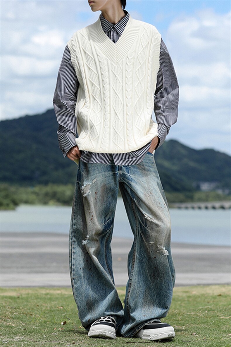 胖胖哥日系V领麻花针织马甲男款秋季简约大码宽松休闲宽松背心,男装背心/马甲,电商B312