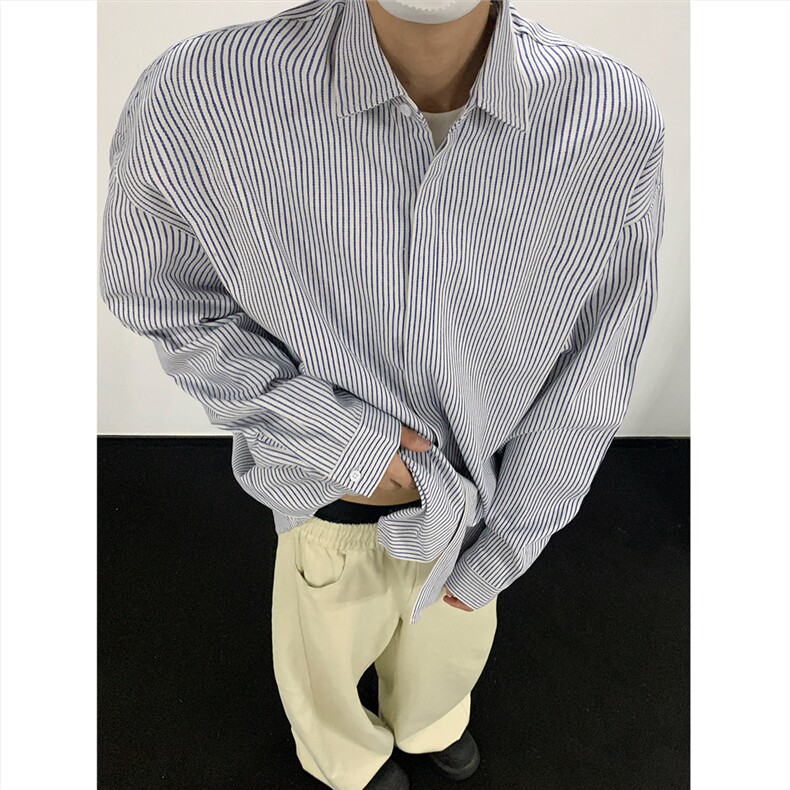美式黑白条长袖衬衫 加厚版本 C5889-特P28 蓝色图片
