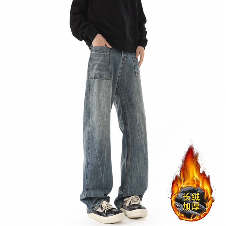 B221美式ins高街暗黑宽松直筒加绒牛仔裤LK24348-特P58控98，男装牛仔裤，电商B221