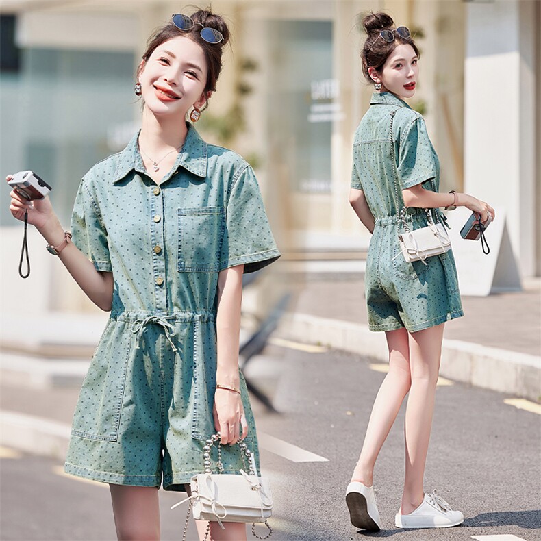 欧货薄款牛仔连体裤女夏季2024新款韩系收腰显瘦圆点阔腿短裤，女装连体裤，瑶迪依秀