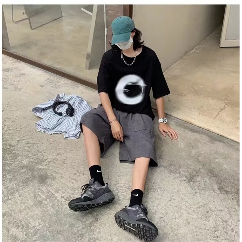 日系原宿风灯芯绒休闲短裤男士夏季宽松百搭学生运动阔腿中裤,男装牛仔裤,星座1013