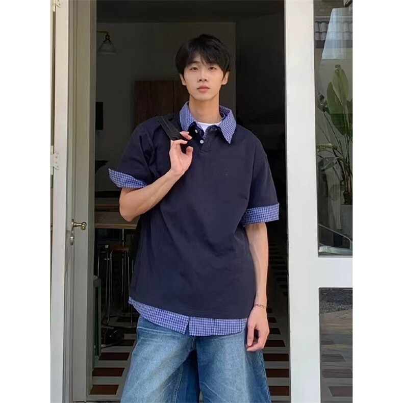 得物抖音高品质二开 夏季美式潮牌高街假两件格子衬衣翻领短袖T恤图片