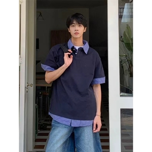 得物抖音高品质二开 夏季美式潮牌高街假两件格子衬衣翻领短袖T恤图片
