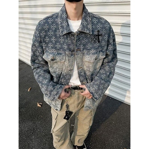美式高街牛仔外套男士韩版潮流提花帅气2025春季ins外套W6359-P87图片