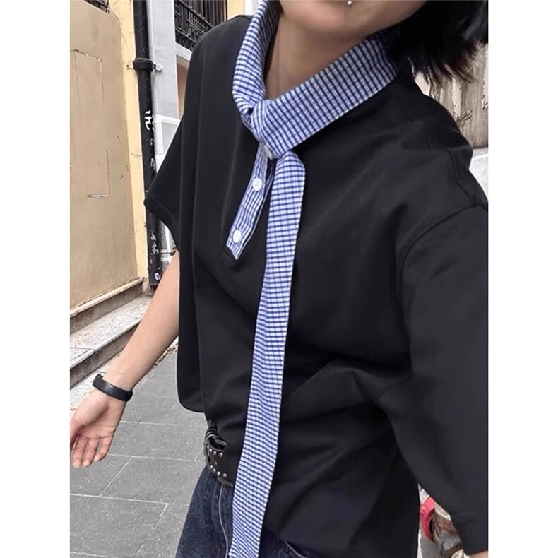 黑色领口格子拼接短袖女夏季正肩t恤美式情侣半袖KTX24,男装T恤,星座208-5
