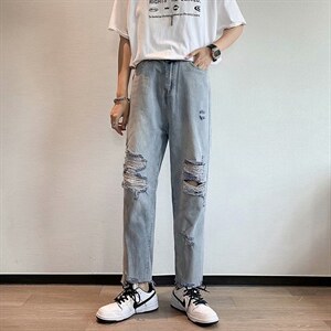 夏季破洞牛仔裤男士潮牌直筒阔腿宽松潮流老爹休闲裤子NK367-P40，男装牛仔裤，星座1008-1