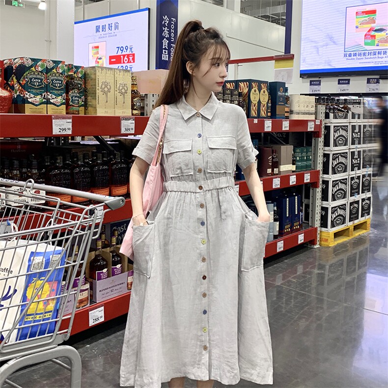 日系高端灰色亚麻衬衫连衣裙女夏2025新款学院风收腰气质工装长裙图片