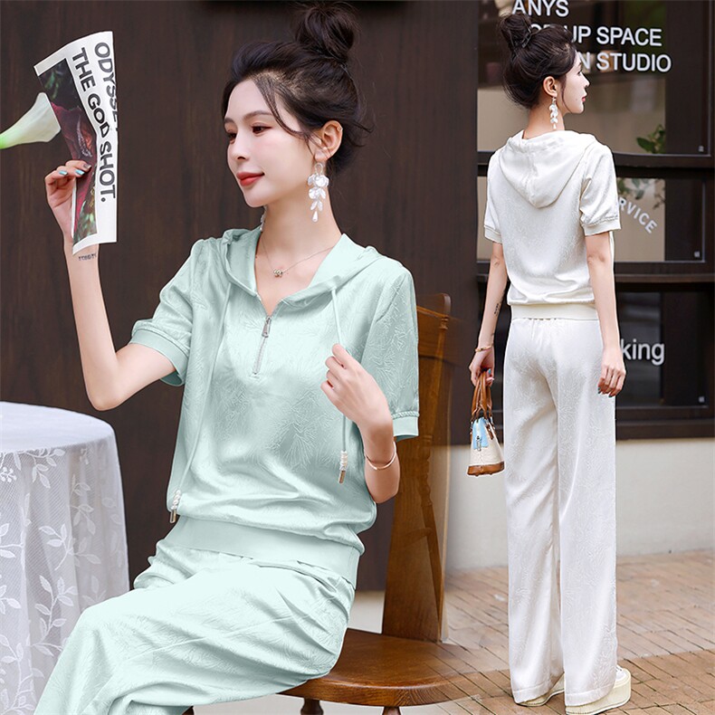 时尚套装女夏2025新款韩版提花冰丝宽松显瘦洋气减龄连帽两件套潮，女装套装/套裙，梦依杭