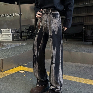 美式高街扎染牛仔裤小众设计感潮牌休闲裤子高腰显瘦直筒长裤N818
