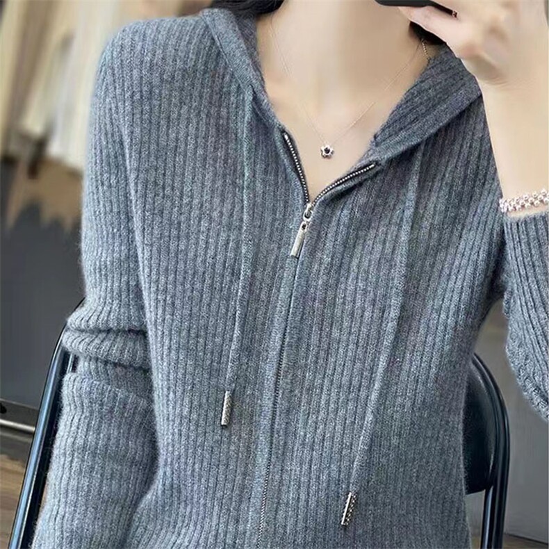 25秋冬新款100%羊毛连帽拉链开衫女羊绒针织宽松百搭坑条上衣外套,针织衫/毛衣,萱芳婷羊绒
