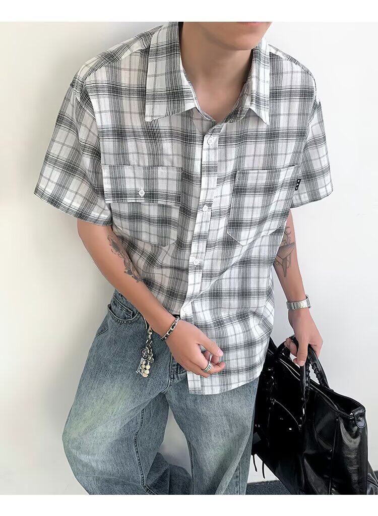 复古衬衫男夏装港风学生宽松小众设计感趣味新款男装上衣外穿,男装衬衫,四季星座505