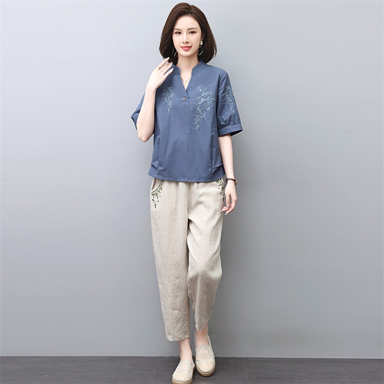 休闲棉麻套装女2024夏季新款宽松妈妈减龄遮肉显瘦刺绣亚麻两件套,女装套装/套裙,涵誉