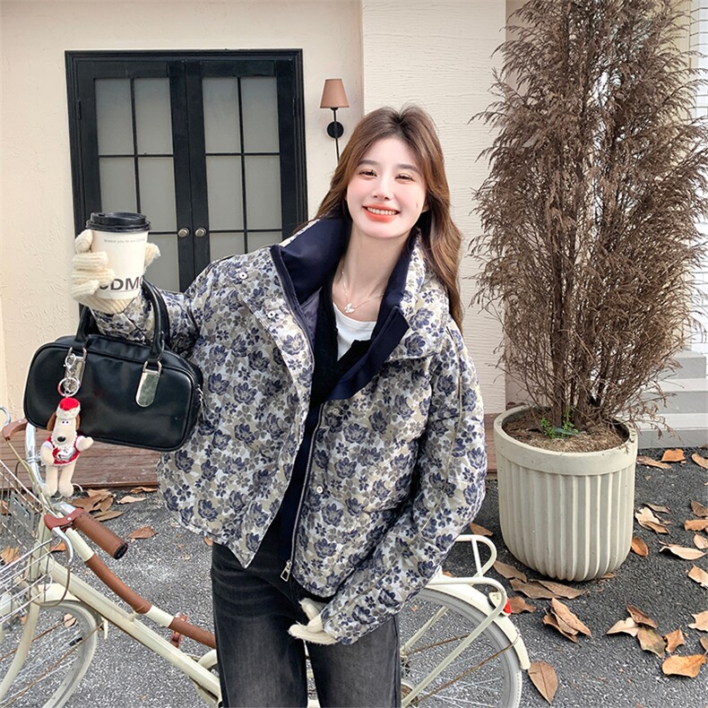 韩版复古玫瑰提花短款羽绒服女2025年冬季新款显瘦加厚白鸭绒外套,女装羽绒服,2C015