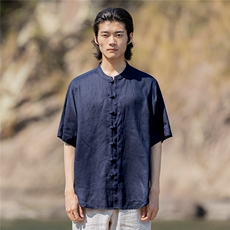 纯亚麻夏季薄款宽松短袖上衣风复古唐装盘扣衬衫男CS02，男装T恤，星座704A（原B229A）