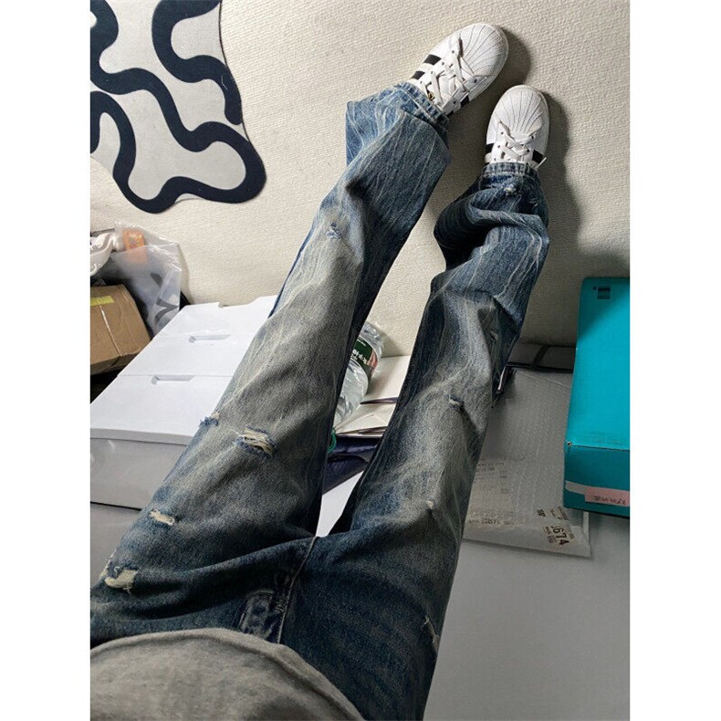 G3153HH-特P48闪电纹破洞牛仔裤美式高街cleanfit裤子直筒微喇裤,男装牛仔裤,星座1007（原301D）