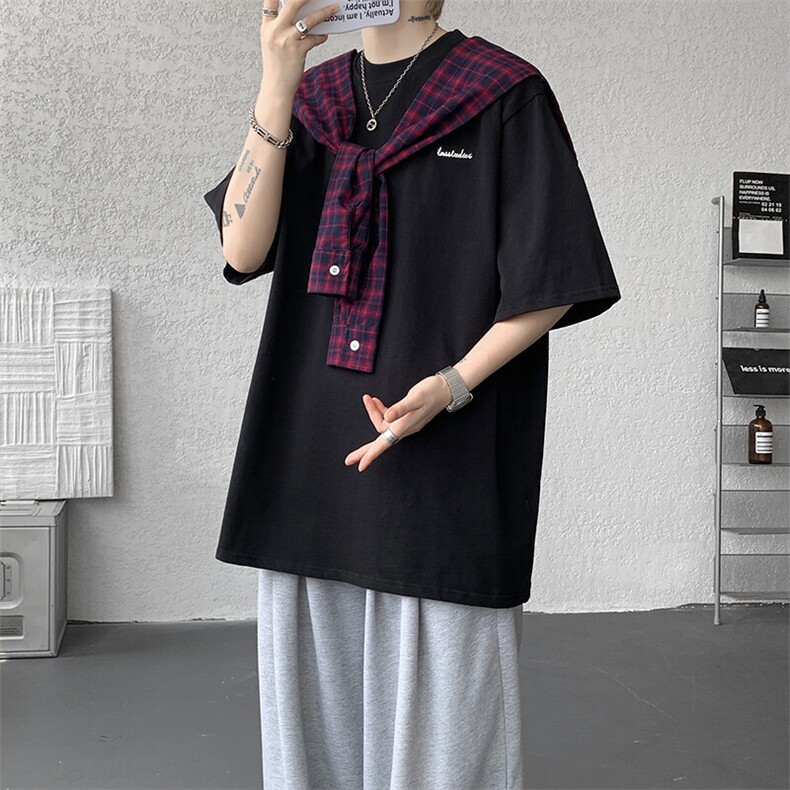 8XL-M潮情侣美式拼接打结格子假两件短袖宽松纯棉T恤男DX338,男装T恤,电商D206-1