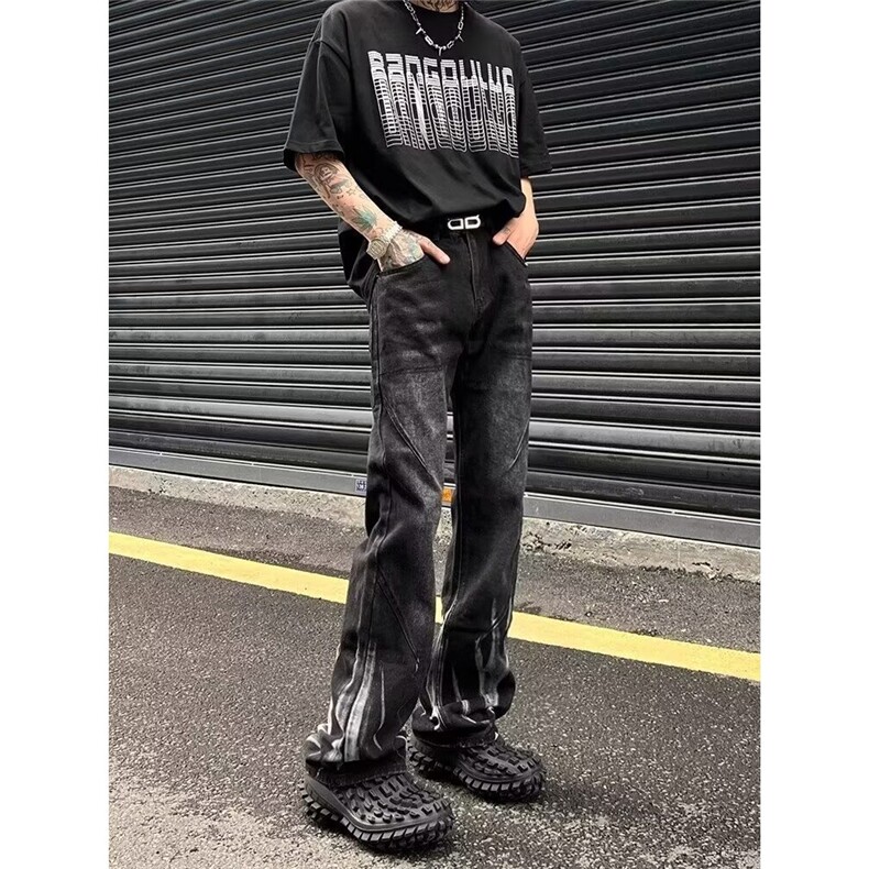 美式裤子高街扎染黑色渐变牛仔裤男款宽松显瘦直筒设计感小众长裤,男装牛仔裤,星座506A