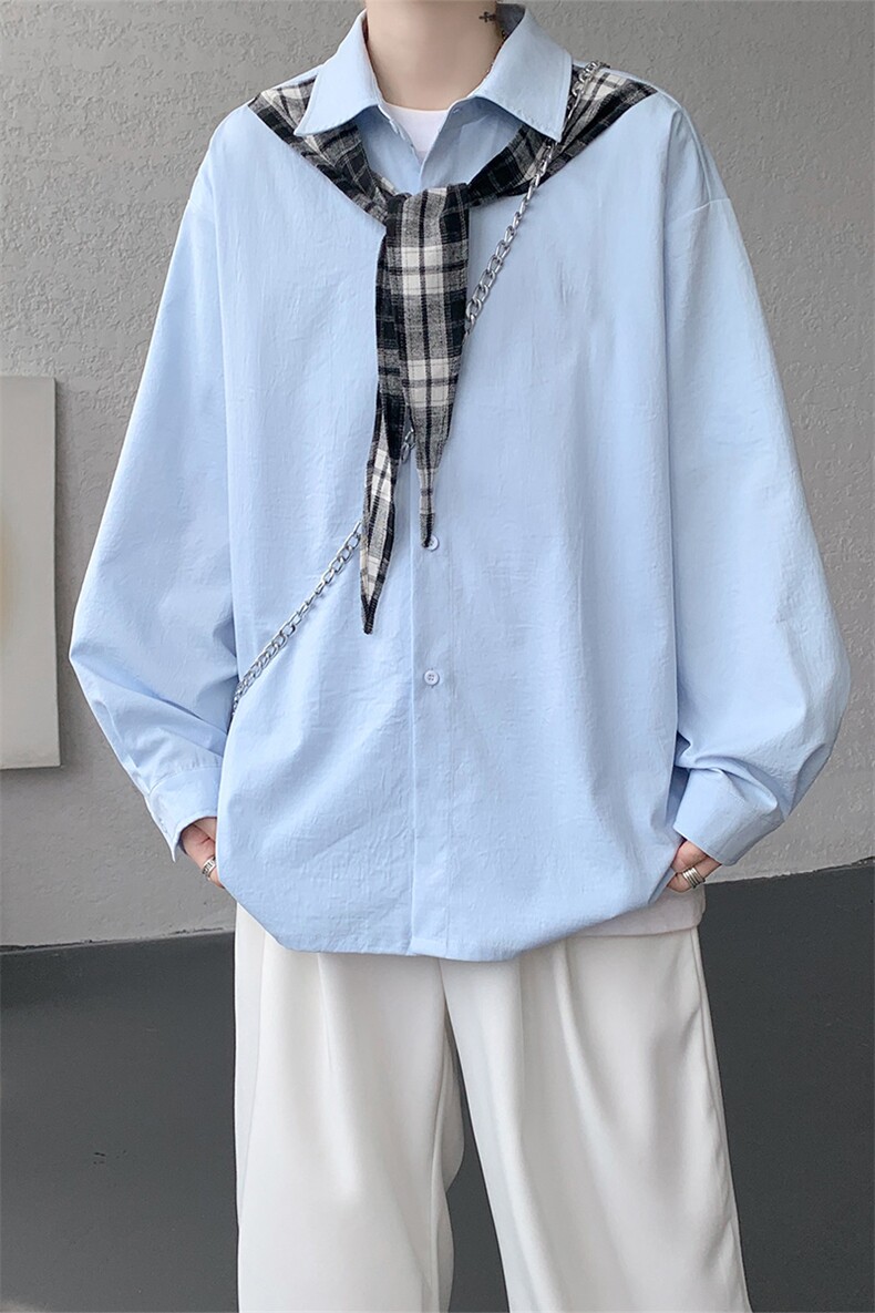 CS1156-特P38控68领巾小众设计感宽松大码衬衫男长袖衬衫外套,男装衬衫,电商A059