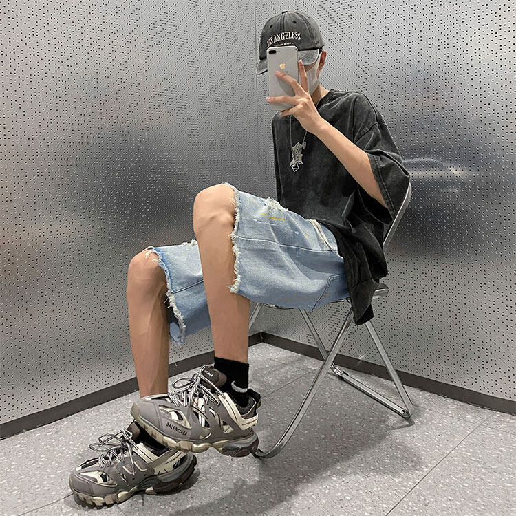 夏季港风破洞牛仔裤印花宽松休闲短裤五分裤B315-K5018-P45控58,男装牛仔裤,电商B315