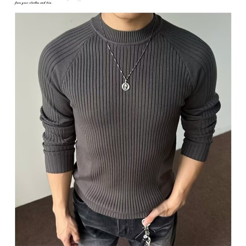 美式复古松弛感坑条圆领针织毛衣男弹力修身套头打底衫LS766-P47,男装T恤,星座1008