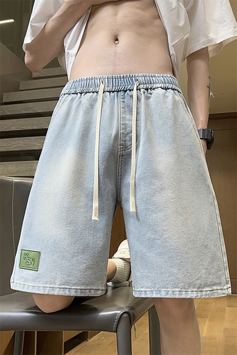 浅蓝松紧裤腰抽绳牛仔短裤2025夏季潮流痞帅直筒裤男D27#-P38,男装牛仔裤,电商A178