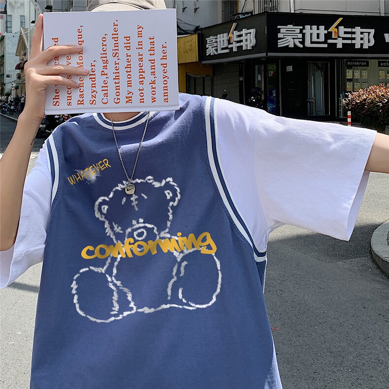 港风  假两件拼色纯棉夏季新款短袖T恤宽松新潮 T633  P40控58图片