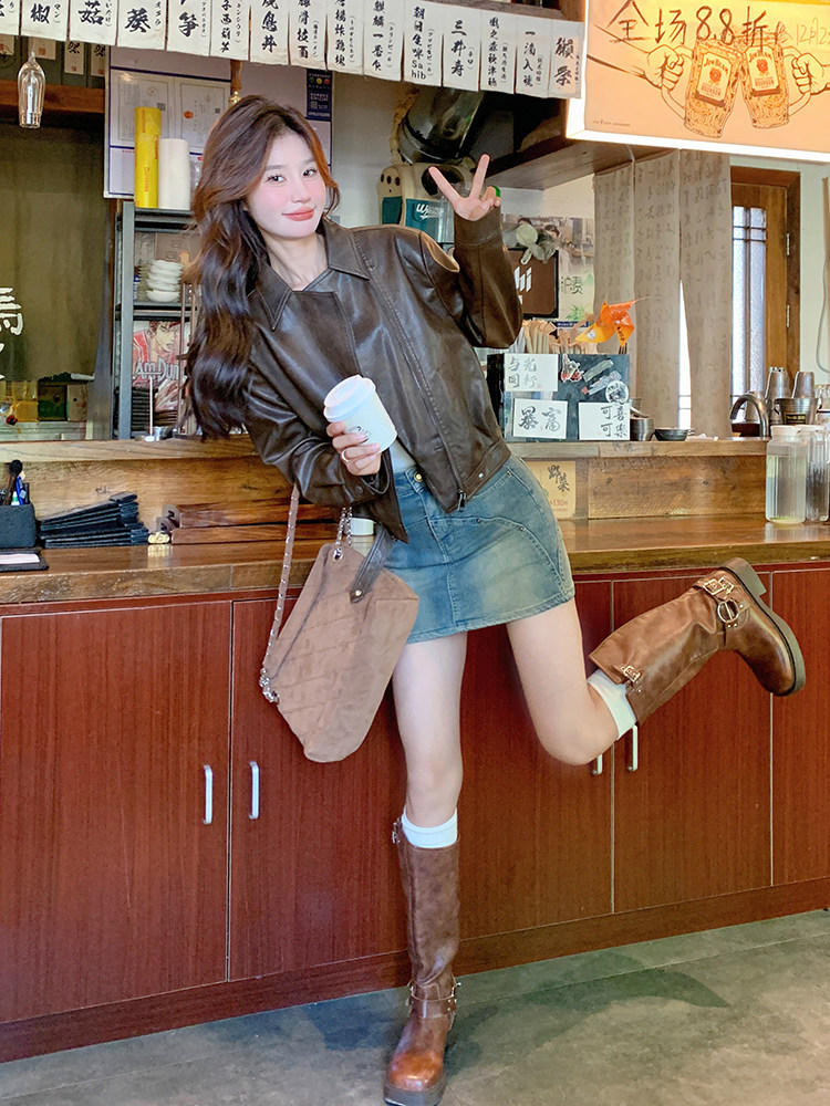 短款拉链宽松型短外套薄款翻领长袖，女装皮衣，鑫慧