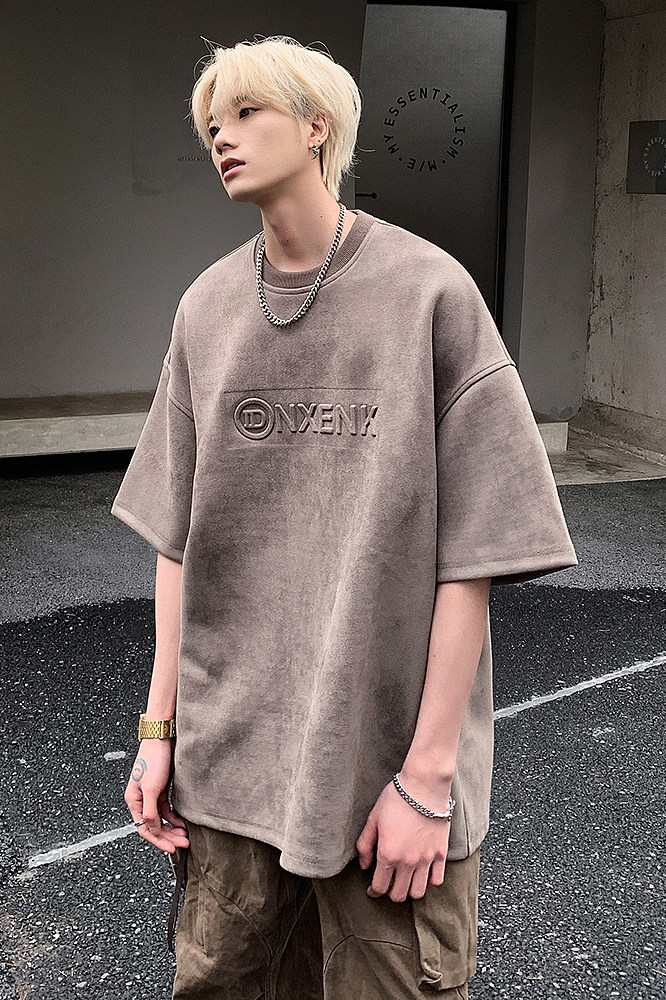 夏季新款运动休闲短袖男生麂皮绒字母圆领半袖JK23225-p35-控49,男装T恤,星座605(原A050)
