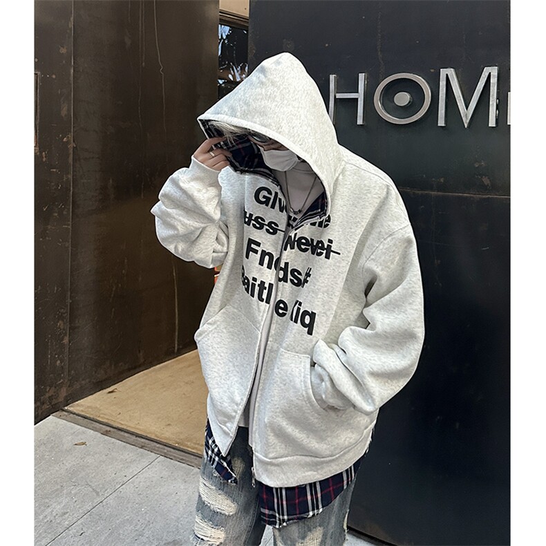 2024新款假两件连帽开衫卫衣格子拼接情侣款外套现货W8398-P50,女装短外套,星座512-4